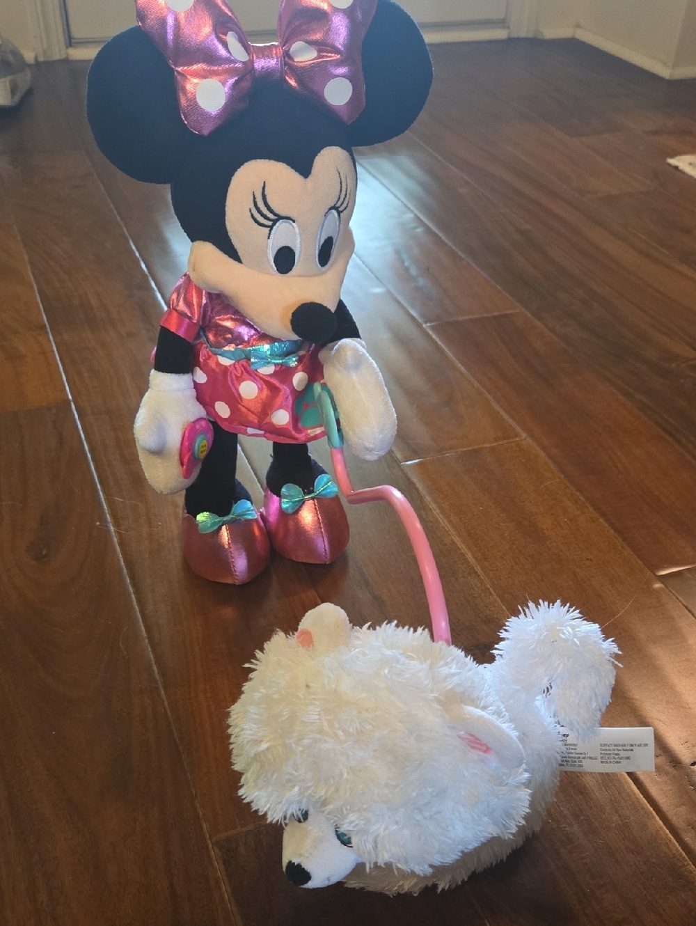 Disney Minnie Mouse Plush with Pink Metallic Outfit and Pull-Along White Puppy
